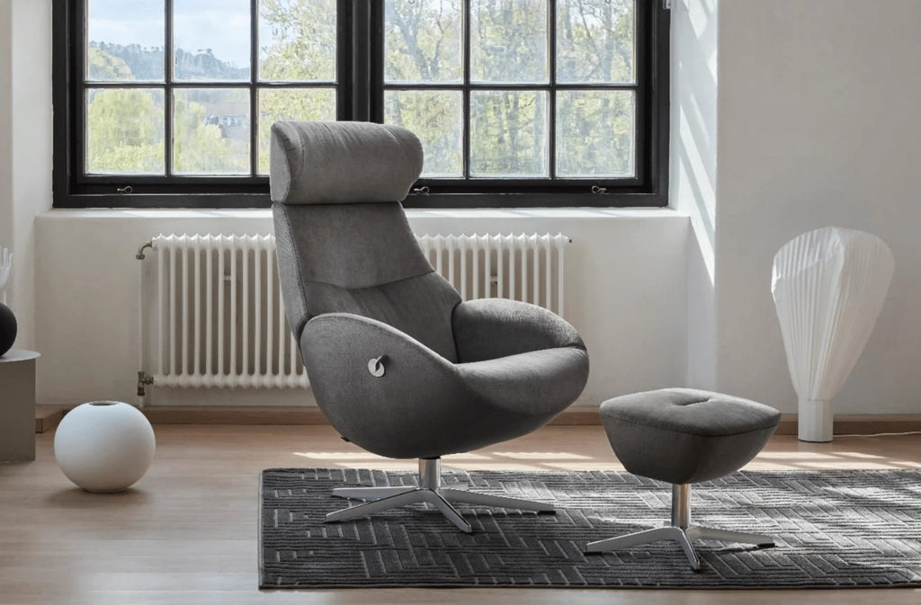 Globe Swivel Reclining Chair + Footstool in Evita Concrete Grey Fabric with Black Quattro Swivel Base