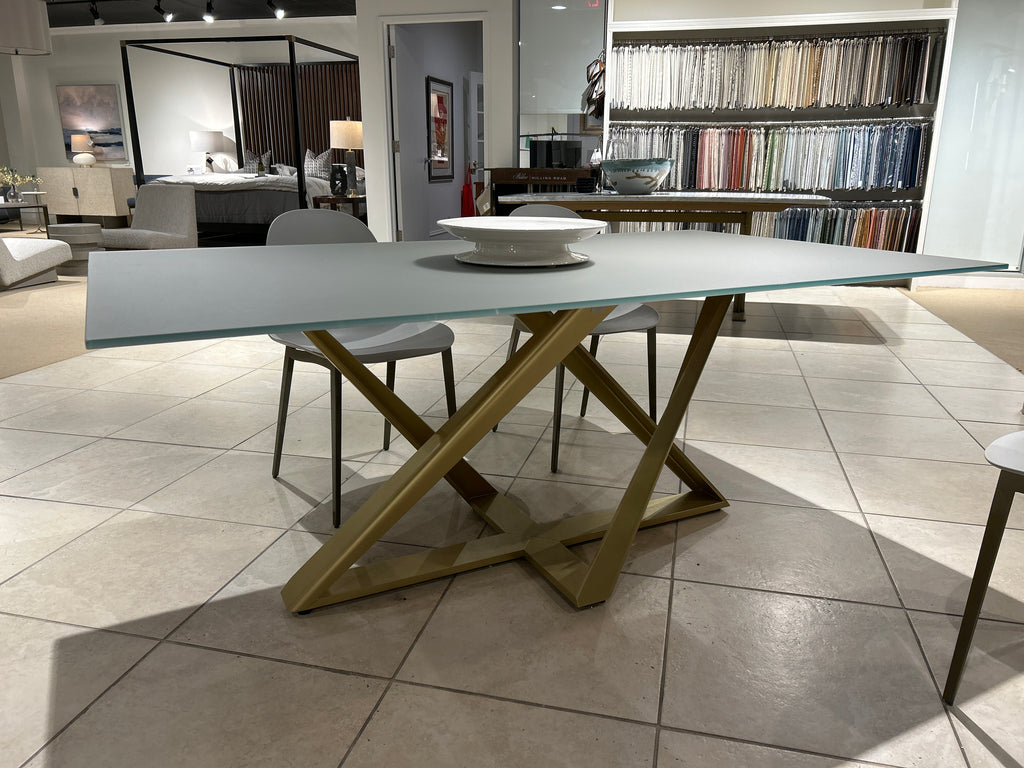Millennium Rectangular Dining Table in Anti-Scratch Dove Grey Glass Top and Gold Metal Base
