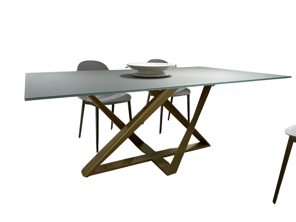 Millennium Rectangular Dining Table in Anti-Scratch Dove Grey Glass Top and Gold Metal Base
