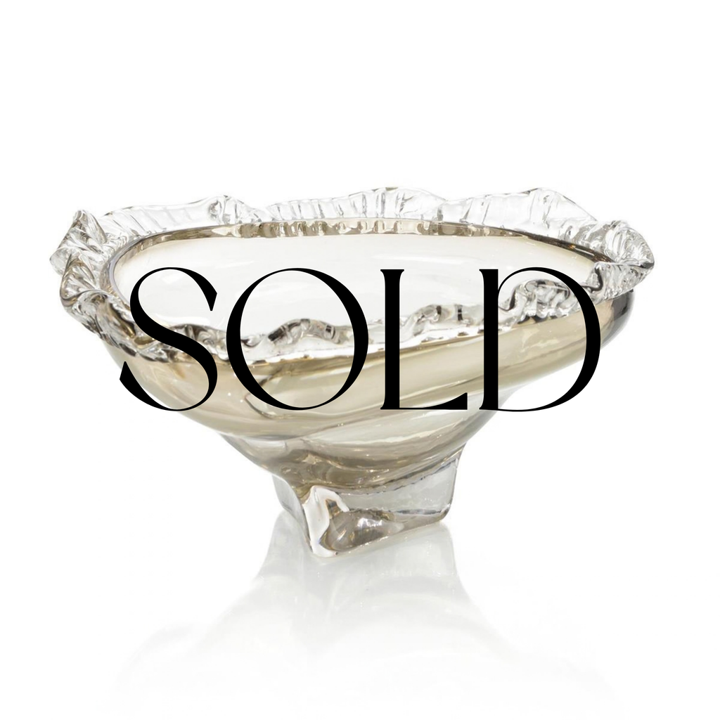 SOLD - Brown and Clear Ruffled Handblown Glass Bowl - 12.5x7