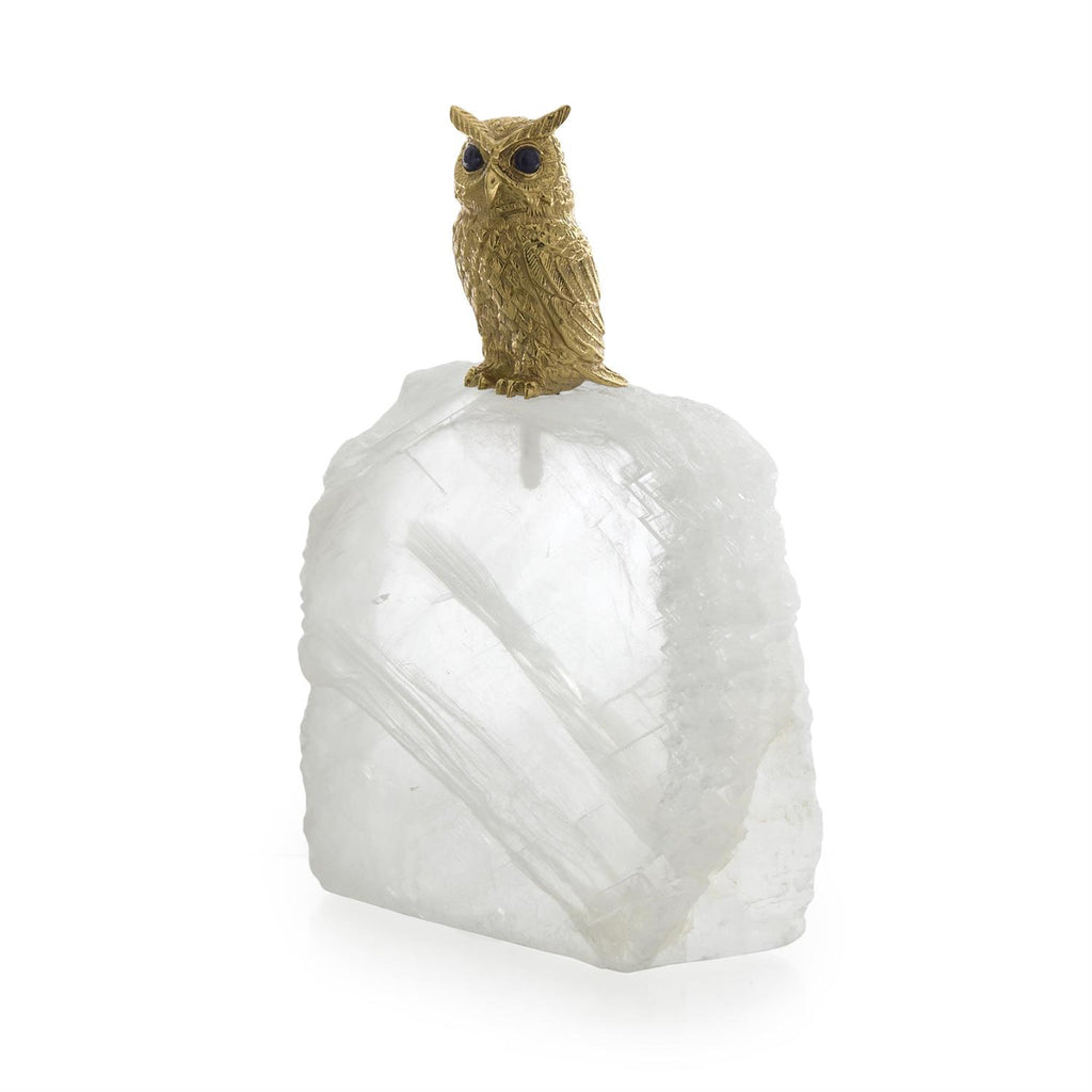 Perched Brass Owl Sculpture on Selenite, Small