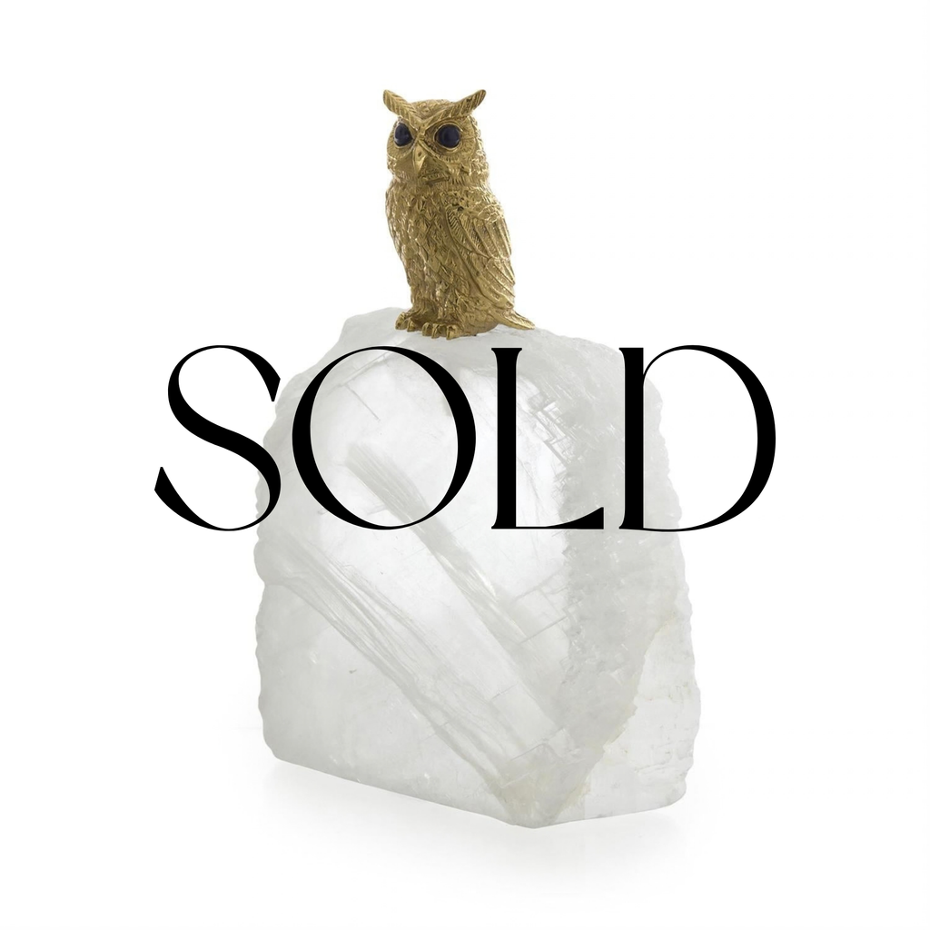 SOLD - Perched Brass Owl Sculpture on Selenite, Small