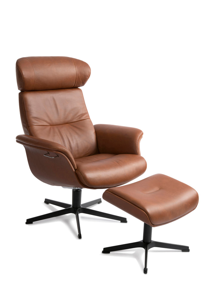 Timeout Reclining Chair + Footstool in Fantasy Cognac Leather with Swivel Foot in Black Aluminum
