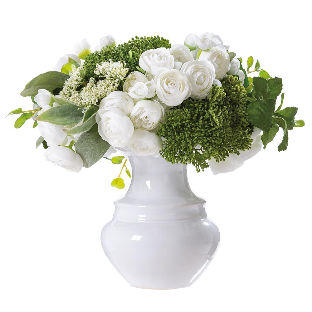 Ranunculus/Queen Anne Lace/Herbs in Ceramic White Vase