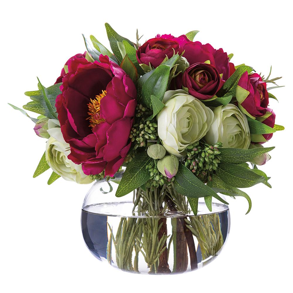 Ranunculus/Peony/Ruscus in Glass Vase Burgundy Green