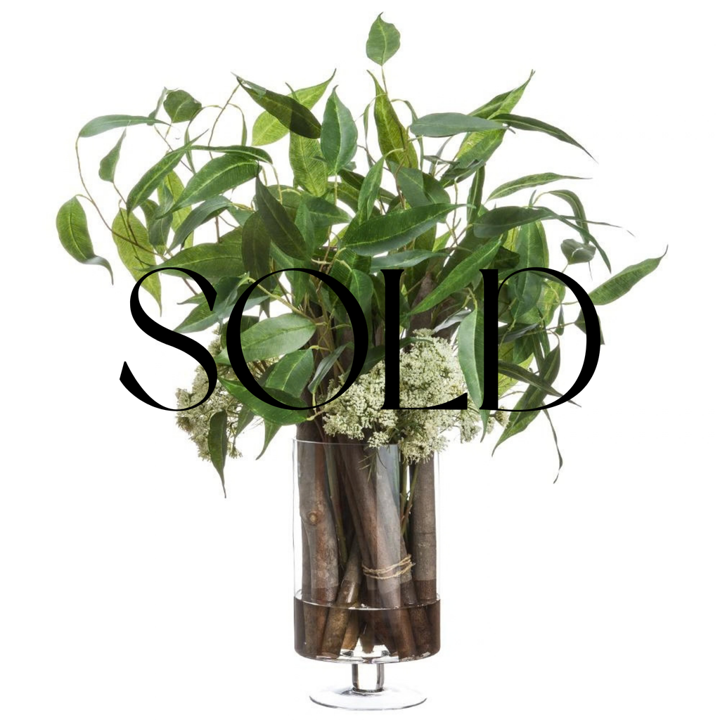 SOLD - Eucalyptus /Queen Anne's Lace/Wood in Glass Vase